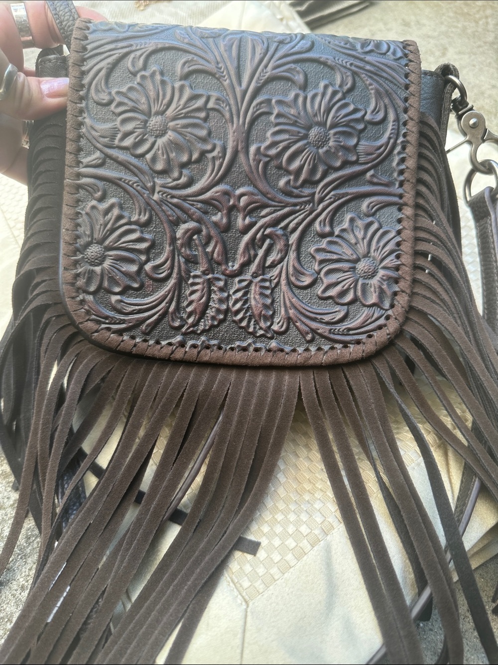 Montana West Dark Brown Tooled Leather Fringe Crossbody Bag - Picture 6 of 6